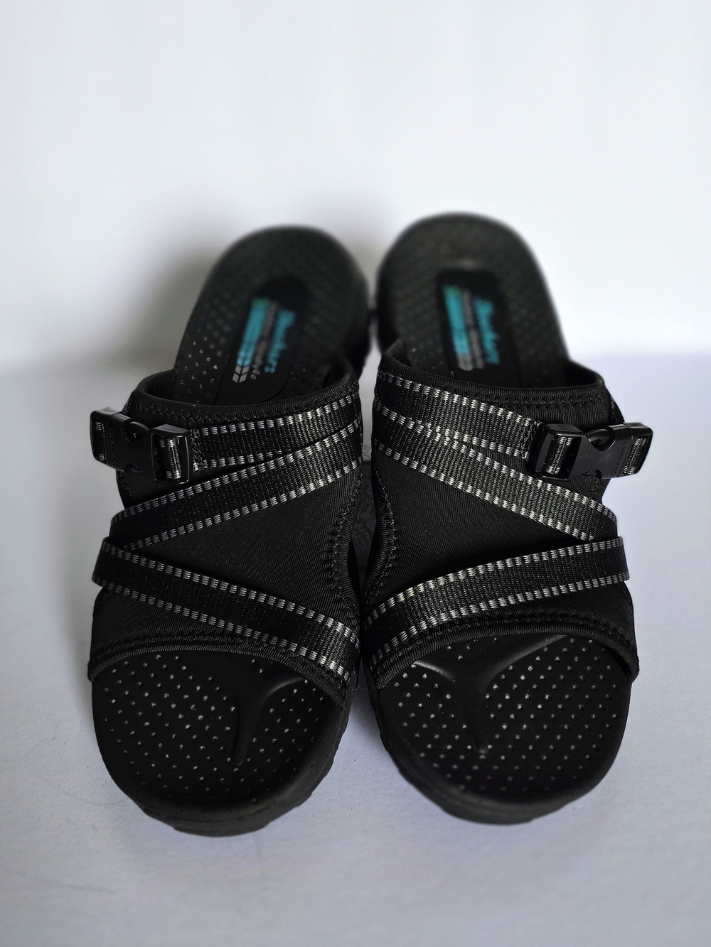 Skechers Black Strappy Slide Sandals with Buckle